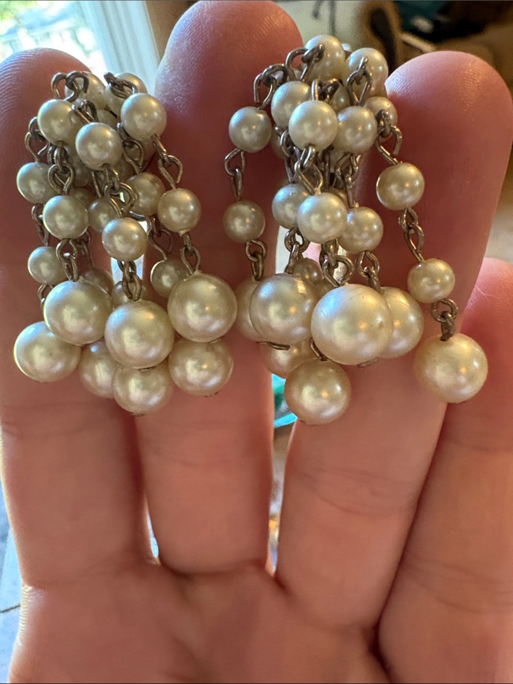 Vintage Faux Pearl Waterfall Cluster Dangle Earrings